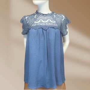Rain Women's Pretty Periwinkle Blue Lace Blouse Top High Neck Sz Small NWT!
